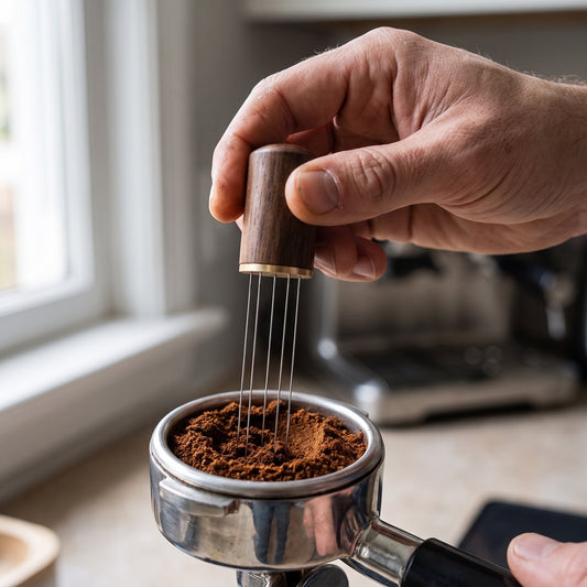 WDT tool stirring espresso grounds in a stainless portafilter basket before tamping