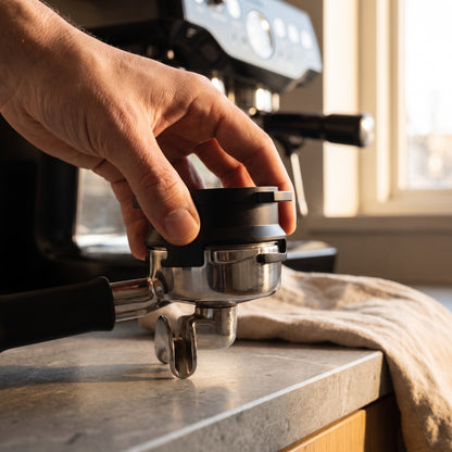 Black dosing funnel twist-locked onto a Breville 54mm portafilter, seated over the basket rim