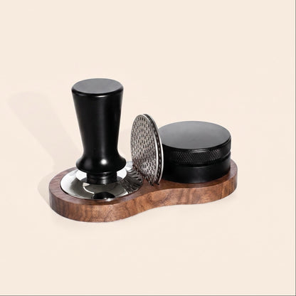 Walnut wood tamping station, front view showing the figure-8 cup layout
