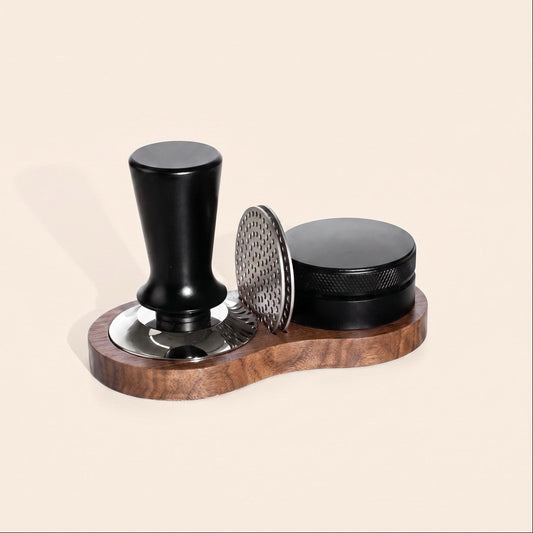 Walnut wood tamping station, front view showing the figure-8 cup layout