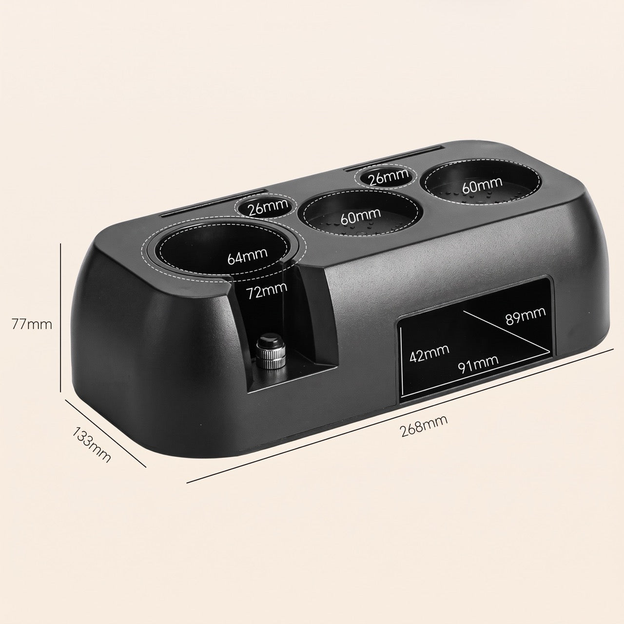 ABS tamping station on a home espresso bench beside a grinder
