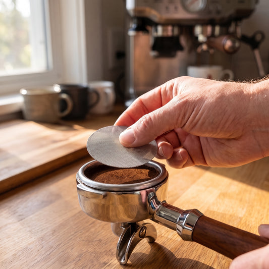 Puck screen resting on a tamped espresso puck in a bottomless portafilter basket