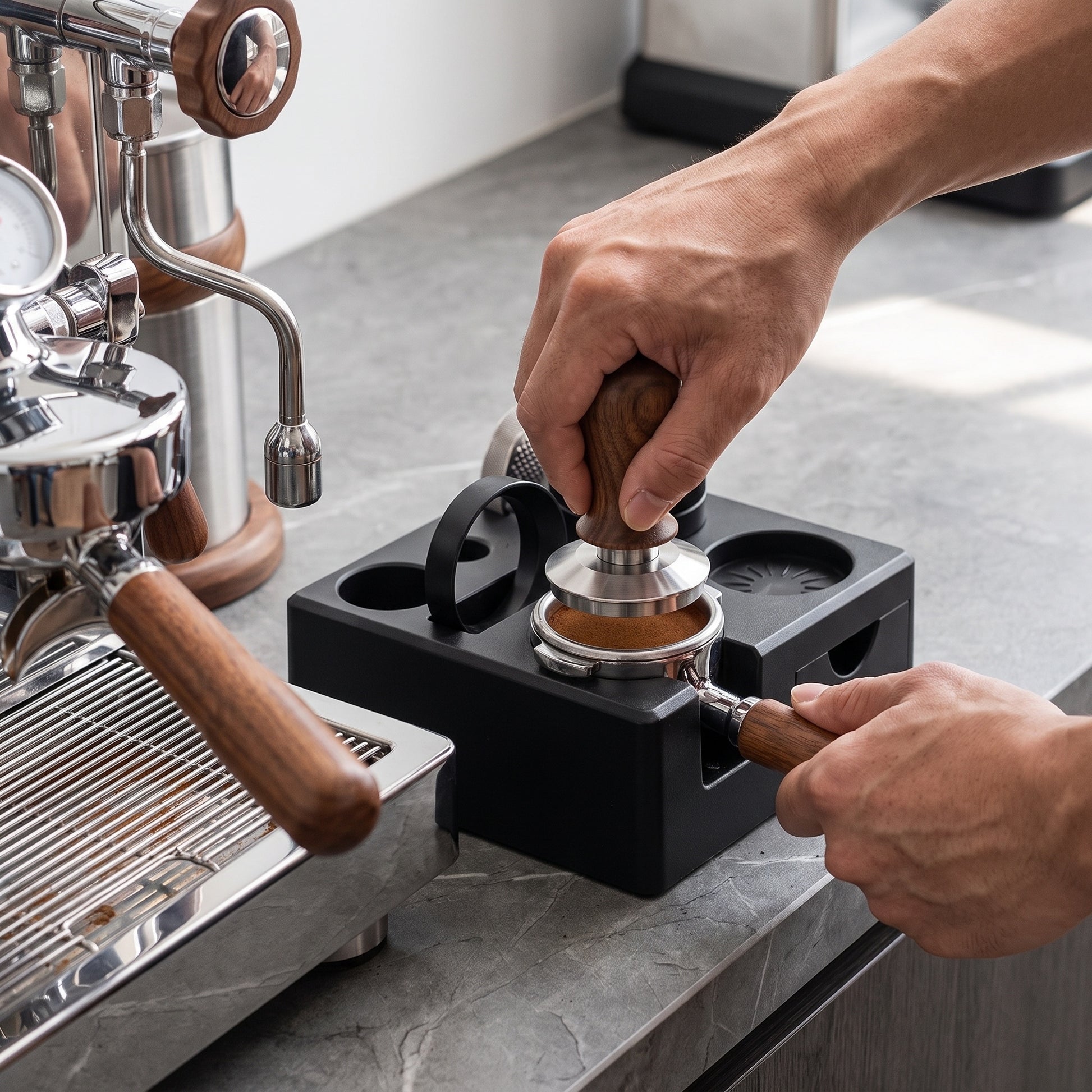 Tamping station front drawer open, showing storage for a tamper and spare basket