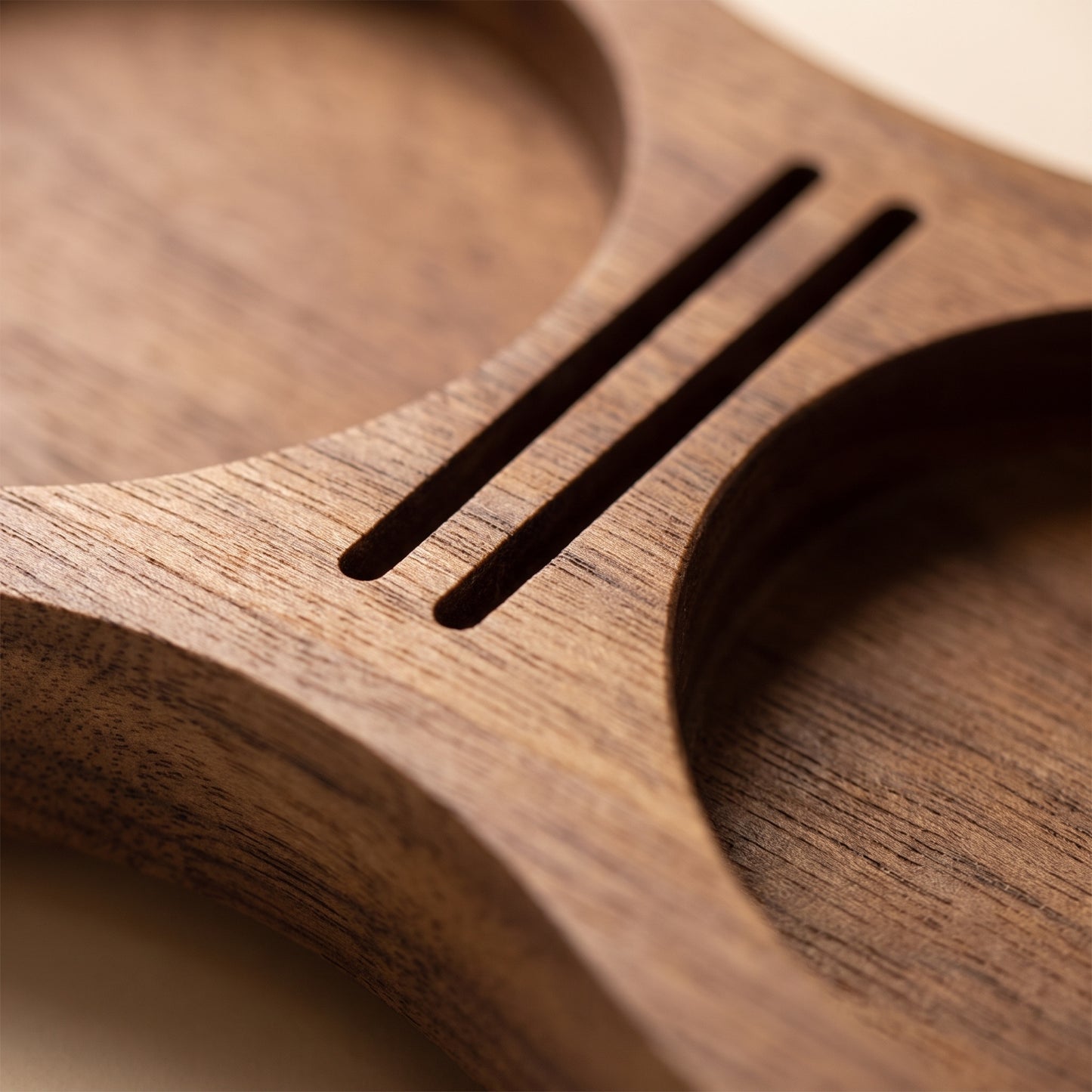 Walnut tamping station angled view on a home espresso bench