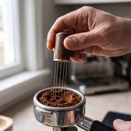 WDT tool stirring espresso grounds in a stainless portafilter basket before tamping