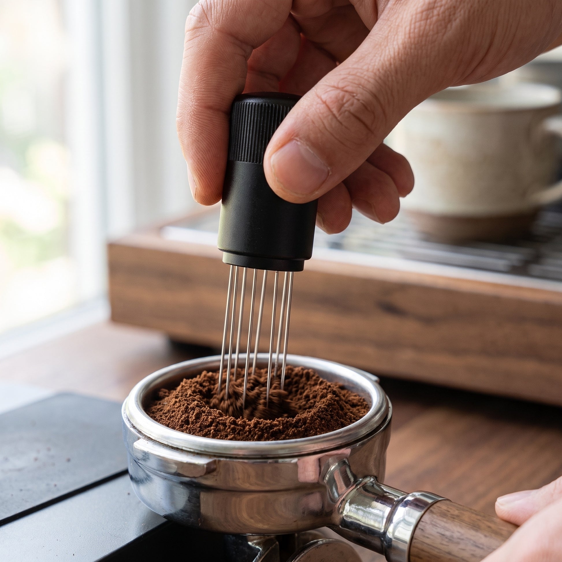 Hand rotating the WDT tool through coffee grounds on a home espresso bench